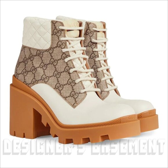 GUCCI 39.5 beige GG canvas quilted Leather TRIP logo platform Combat ankle Boots - Picture 3 of 11